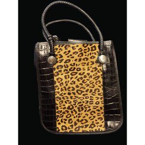 Y2K Brighton Black Leather & Leopard Print Tote Bag JJ P